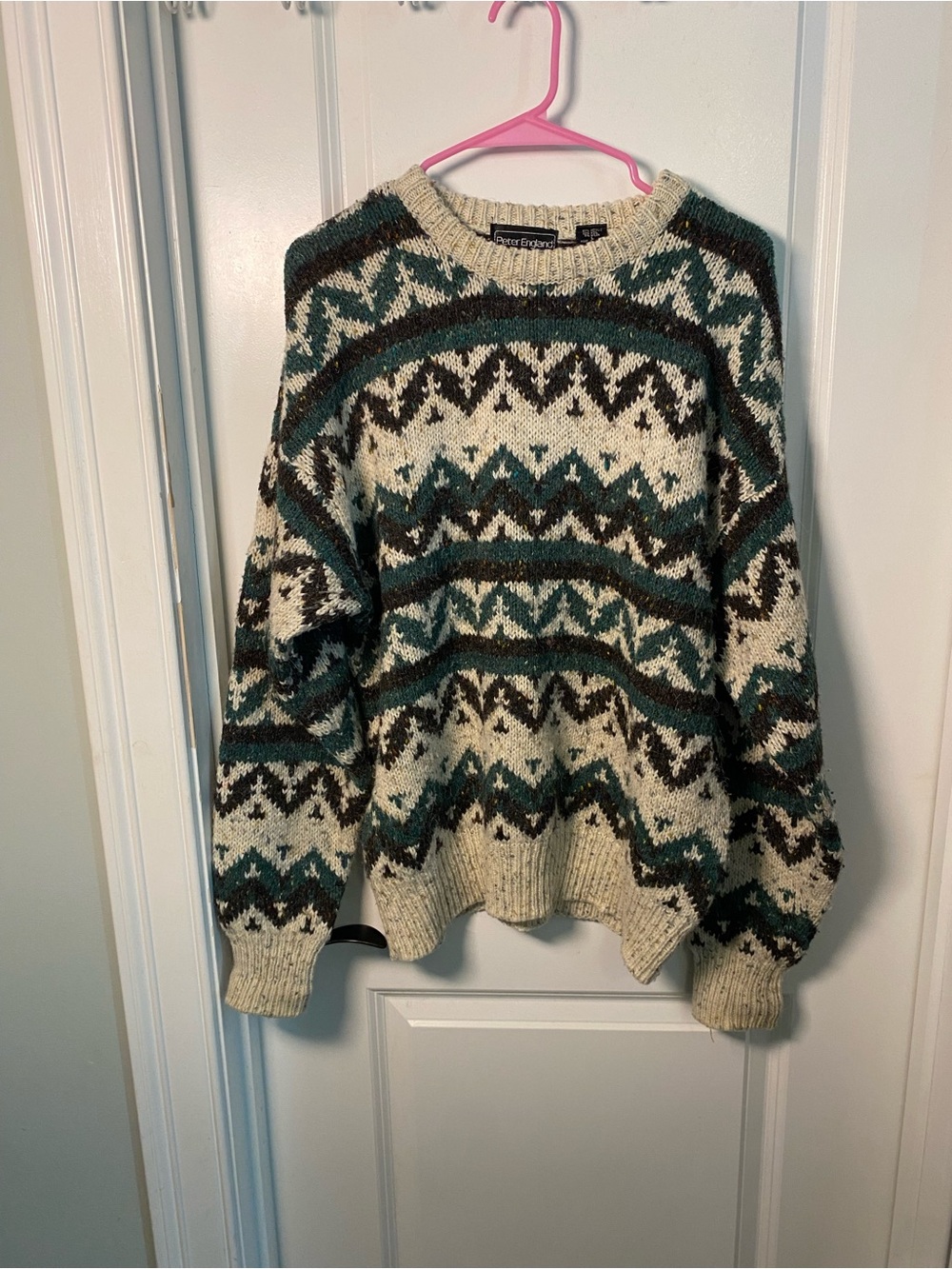Peter England Vintage Cream & Teal Fair Isle Crewneck Sweater
